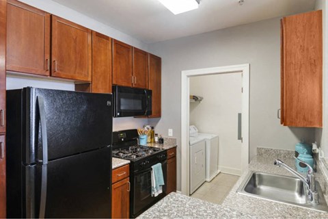 a kitchen with a black refrigerator and a sink