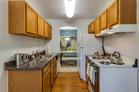 a kitchen with a stove refrigerator and sink