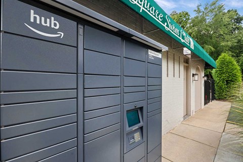 the outside of a building with a garage door