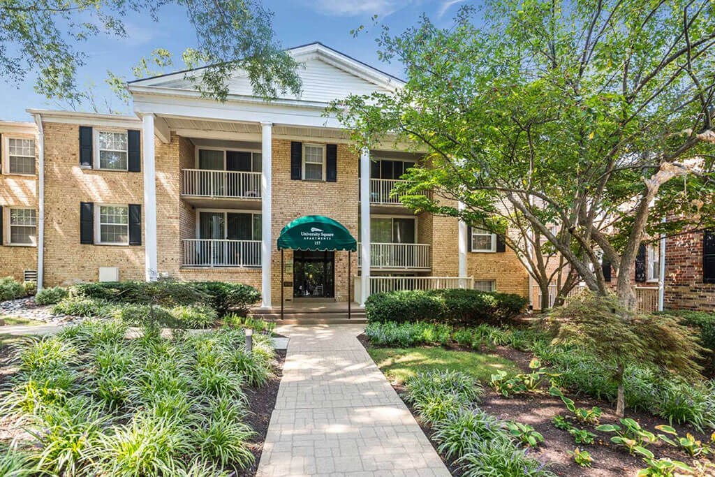 Apartment building with green awning