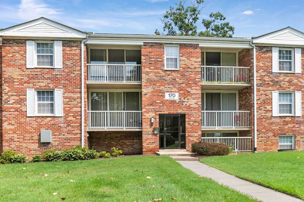 Exterior brick apartments with balconies
