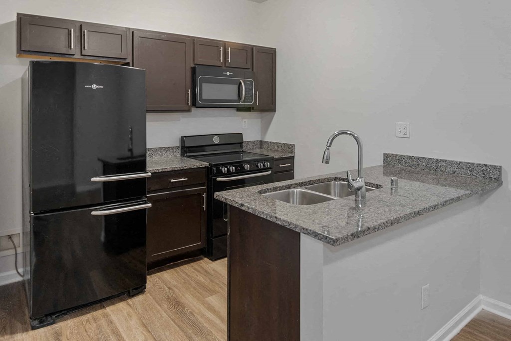 A kitchen with a black refrigerator, microwave, oven, and stove.
