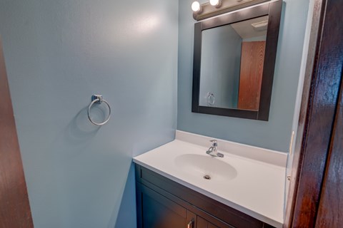 A bathroom with a sink and mirror.