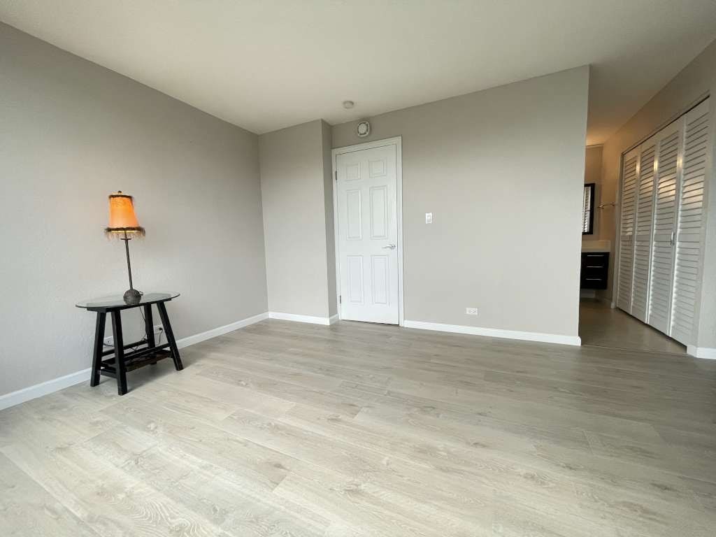 A room with a wooden floor and a white door.