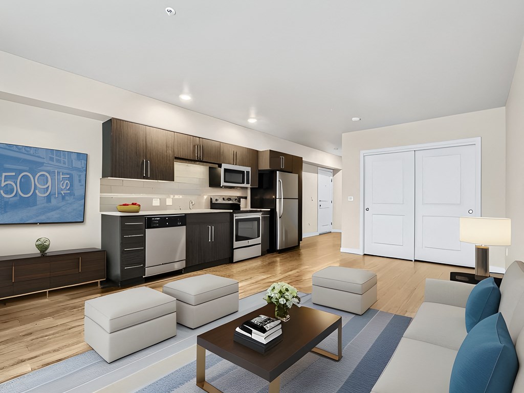 a living room with a couch and a table