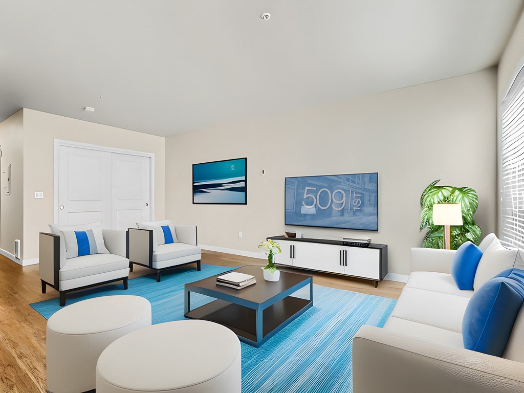 a living room with a blue rug and white couches