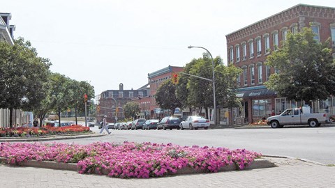 a city street with a bunch of flowers on the corner