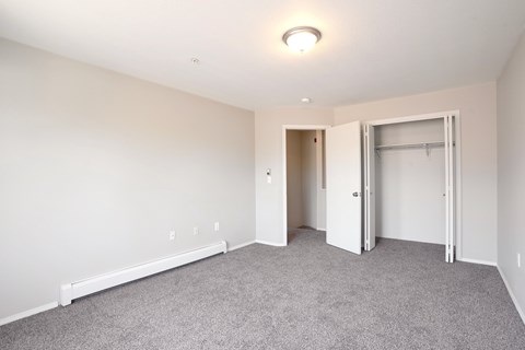 a bedroom with carpet and a door to a closet
