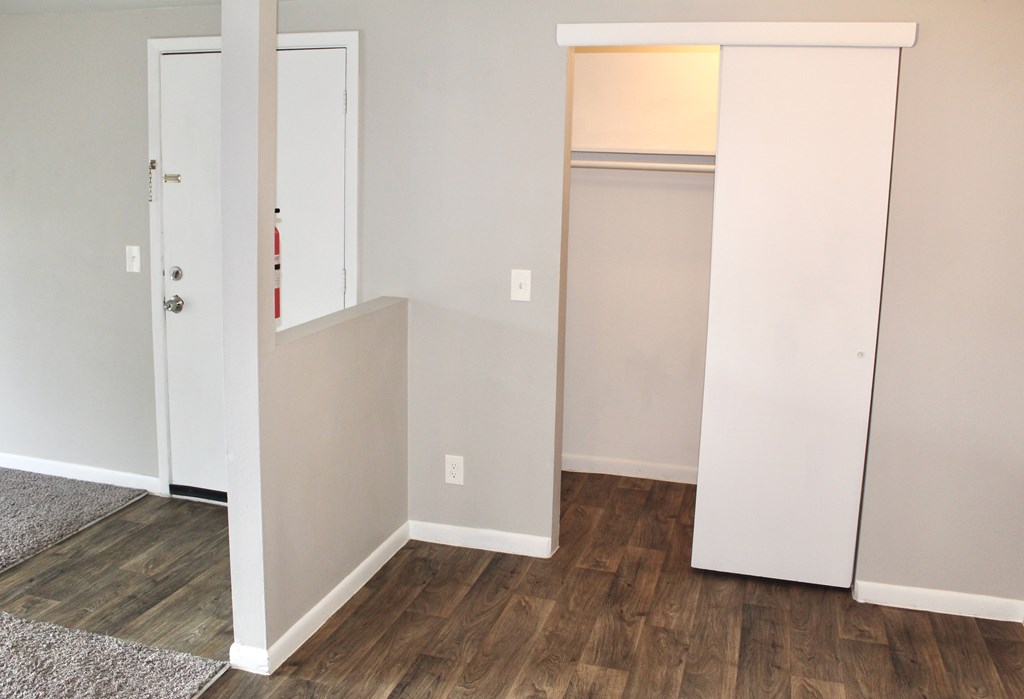 a bedroom with white walls and a wood floor and a closet