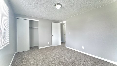 a bedroom with white walls and a wood floor and a closet