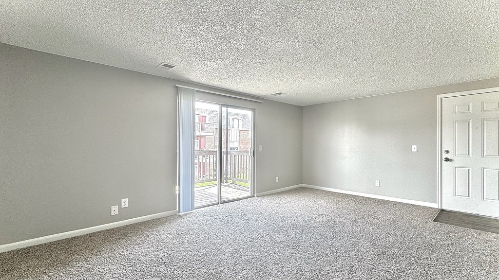 A room with grey carpet and a white door.