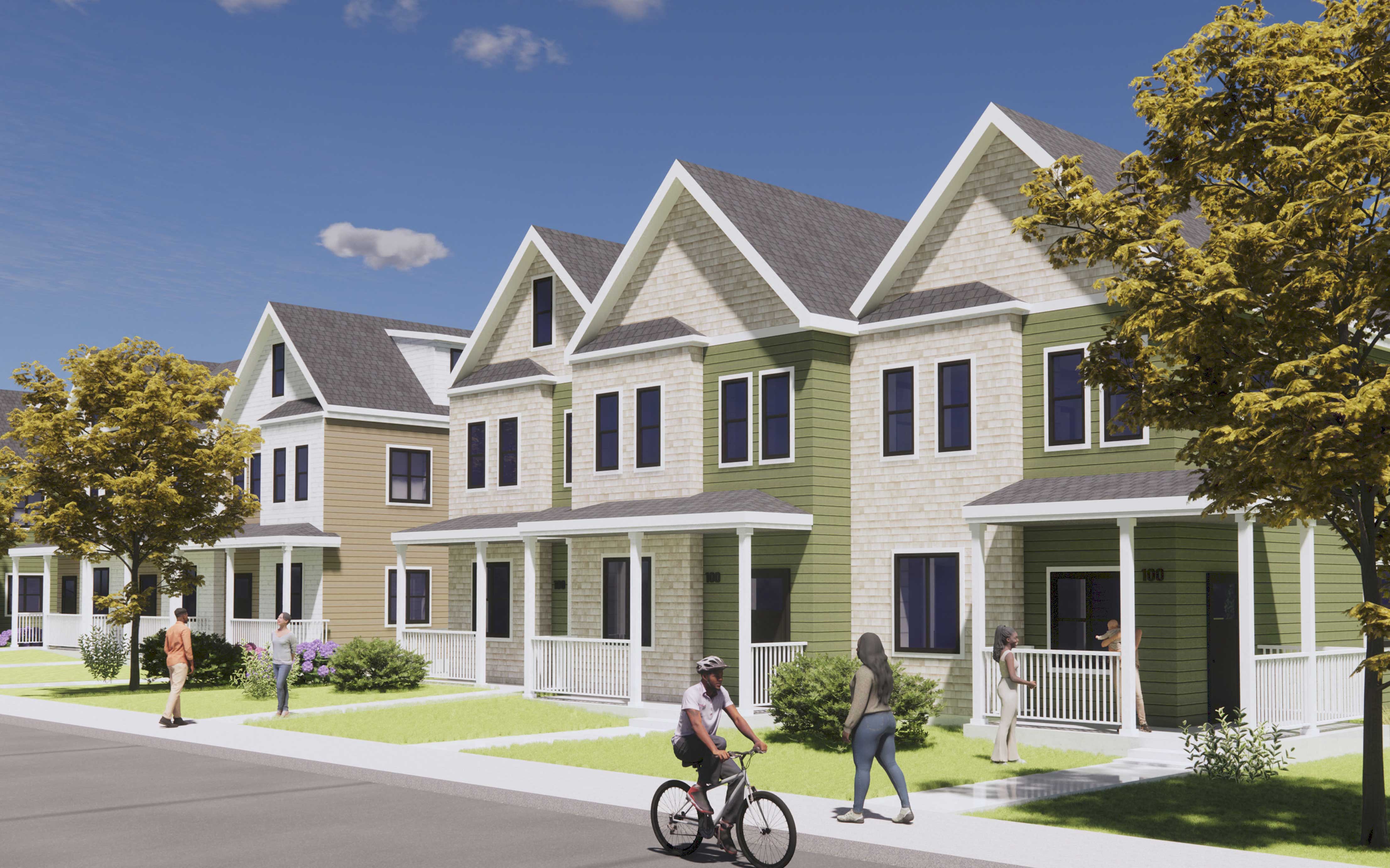a rendering of a residential neighbourhood with people walking and biking