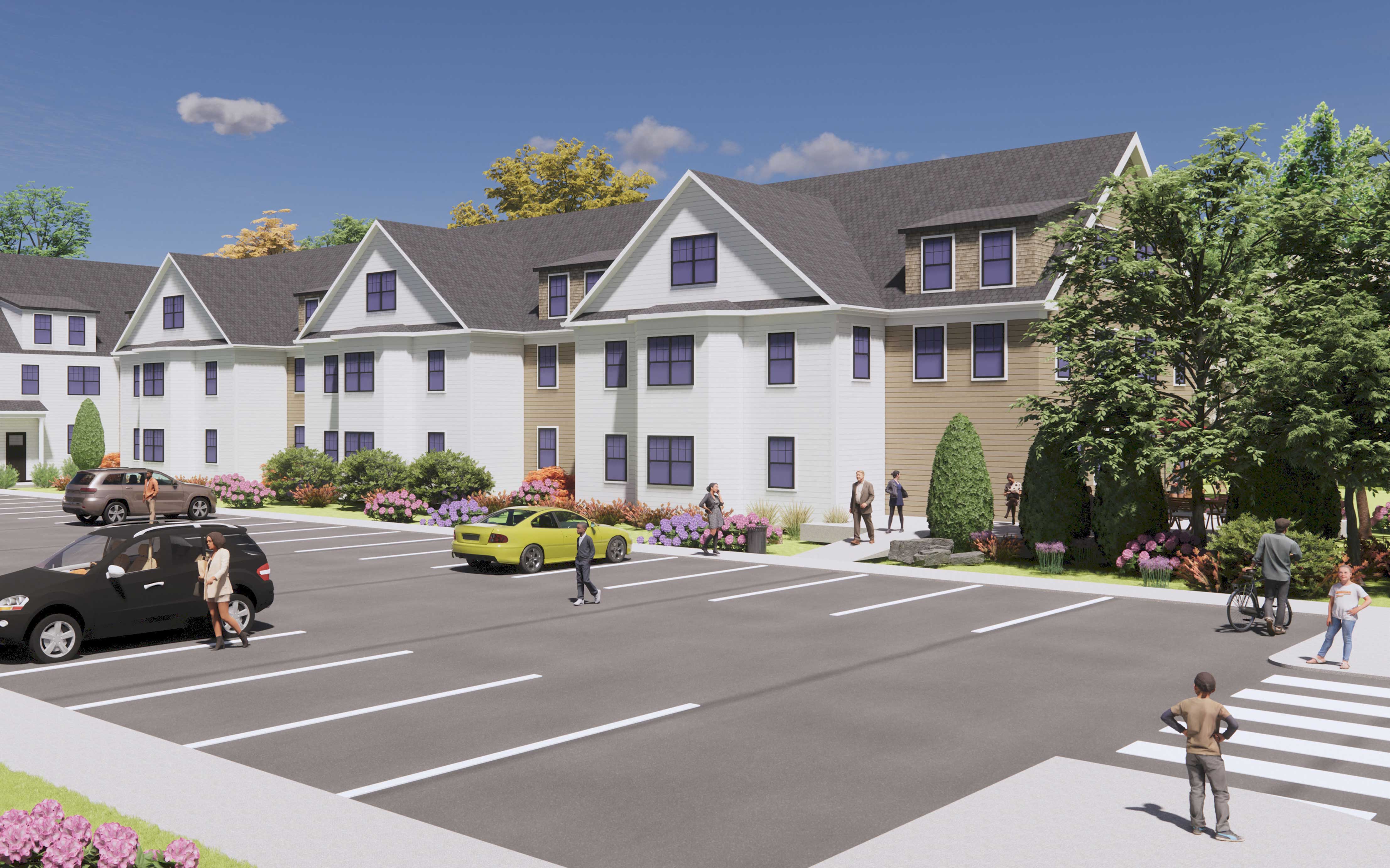 a rendering of a white building with a street in front of it