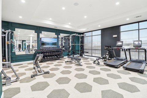 A spacious gym with a variety of equipment including treadmills, weight machines, and a rowing machine.