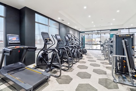 A gym with treadmills, exercise bikes, and other equipment.