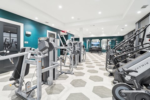 A gym with a variety of exercise equipment including treadmills, stationary bikes, and weight machines.