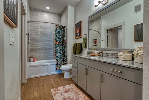a bathroom with a shower and a toilet and a sink