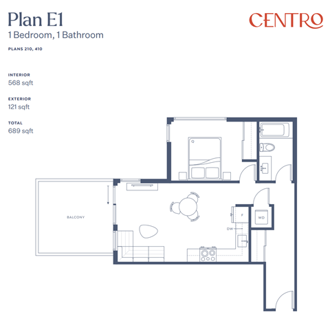 A floor plan for Plan E1, a 1 Bedroom, 1 Bathroom apartment, is displayed.