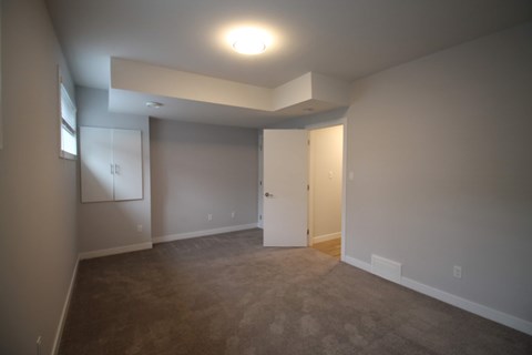 a living room with a carpet and a door to a closet
