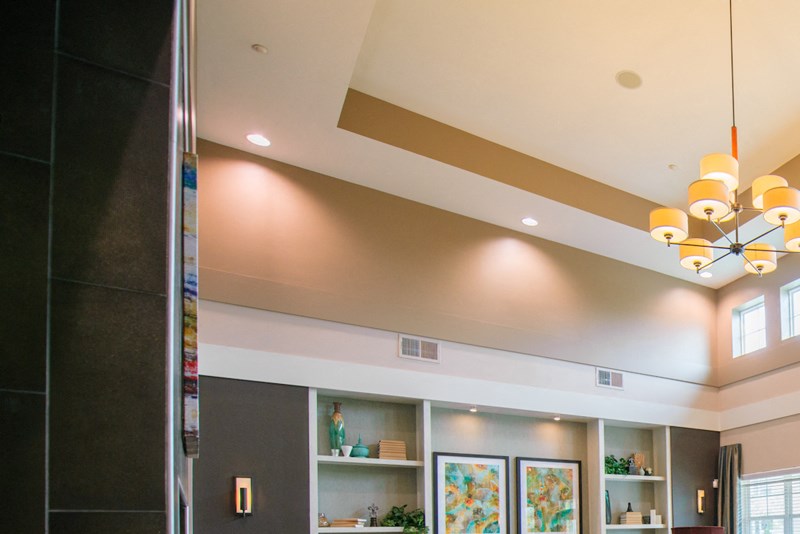 Clubhouse, large sofa, sofa chairs, fireplace, cathedral ceilings, large windows
