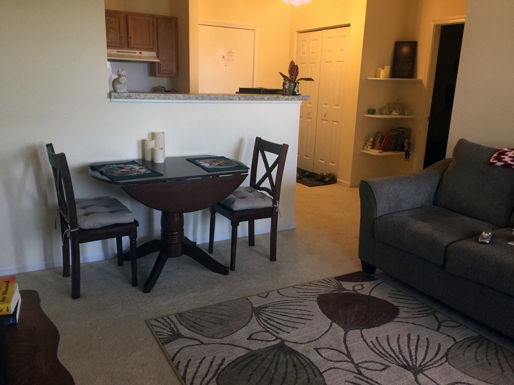 Living room, carpet, sofa, and table