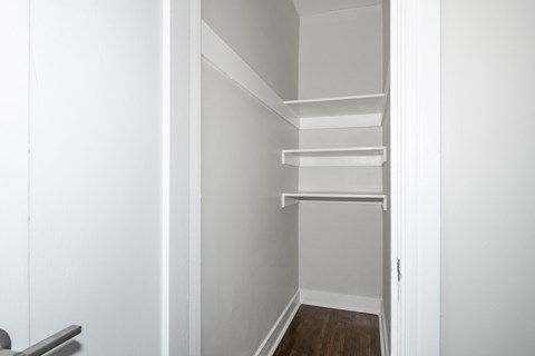 A white closet with shelves and a door.