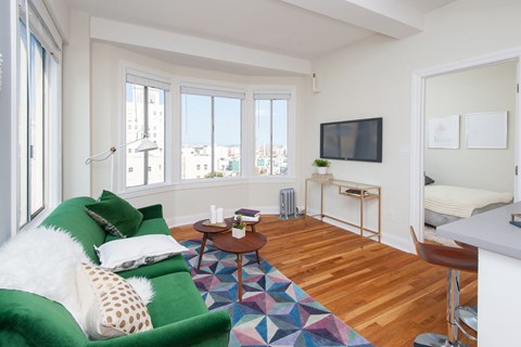 A living room with a green couch and a television.
