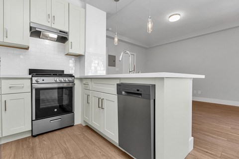 A modern kitchen with a stainless steel dishwasher and white cabinets.