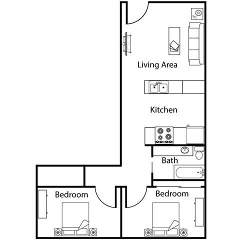 Two Bedroom One Bath Floor Plan 3