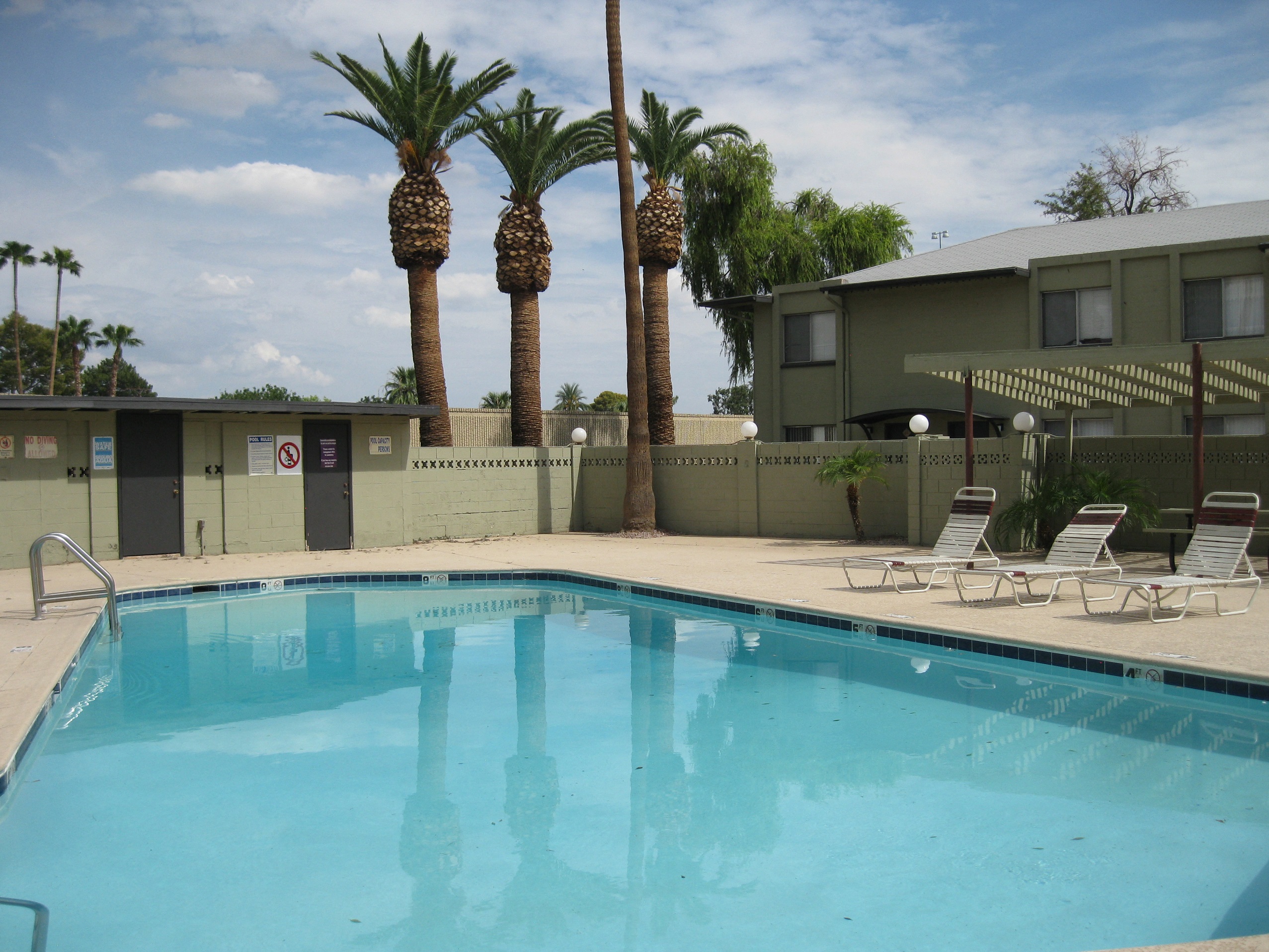 a swimming pool with palm trees in front of a hotel