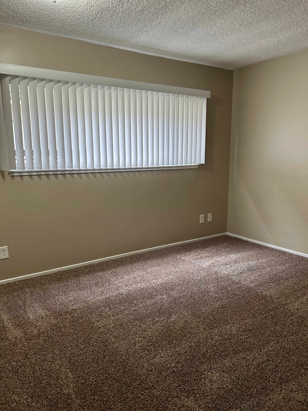 A room with a carpeted floor and a window with blinds.