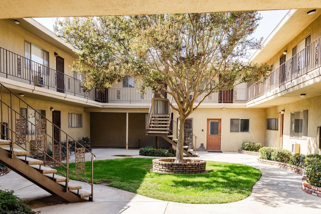 A courtyard with a tree and a staircase.