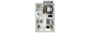 A top down view of a small apartment with a kitchen, living room, and bathroom.