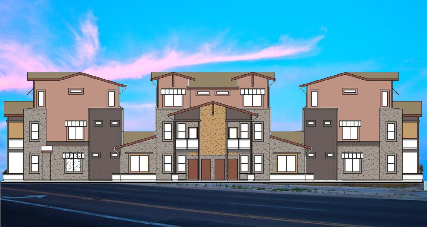 a rendering of a group of apartment buildings on a street