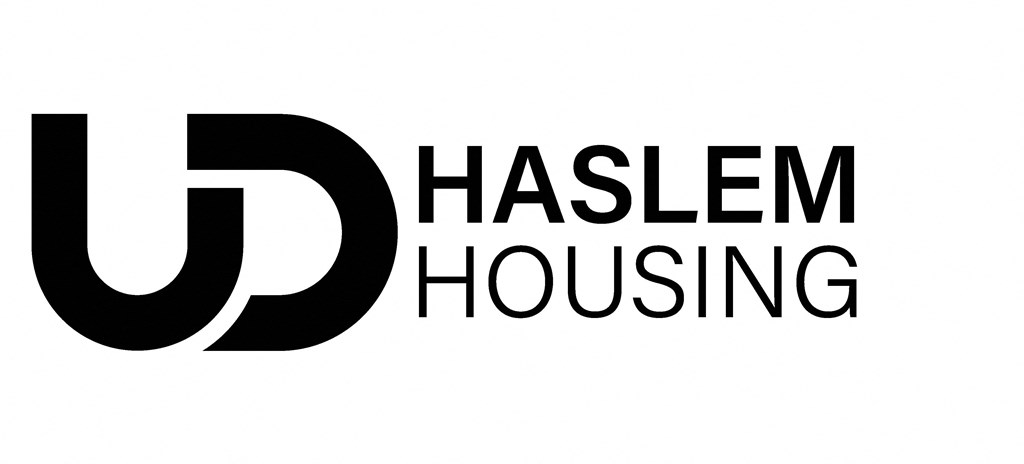 A black and white logo for Haslem Housing.