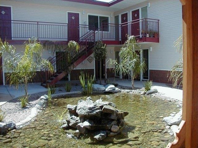 a pond in the front yard of a house