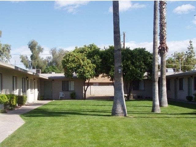 a yard with palm trees in front of a building
