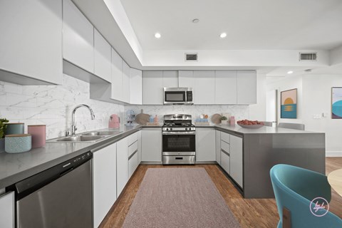 A modern kitchen with a stainless steel dishwasher and a microwave above the stove.