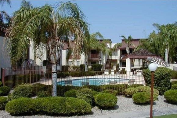 a swimming pool with palm trees in front of apartments
