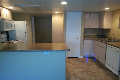 a kitchen with a counter and a refrigerator and a sink
