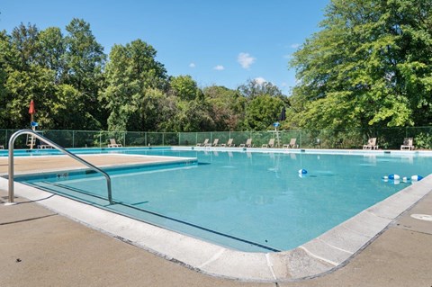 A large outdoor swimming pool surrounded by a green fence.
