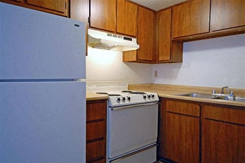 a kitchen with a stove and a refrigerator