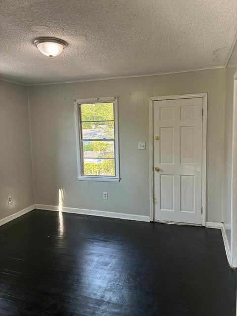 A room with a white door and a window with a view of trees.