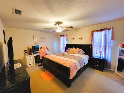a bedroom with a bed and a tv
