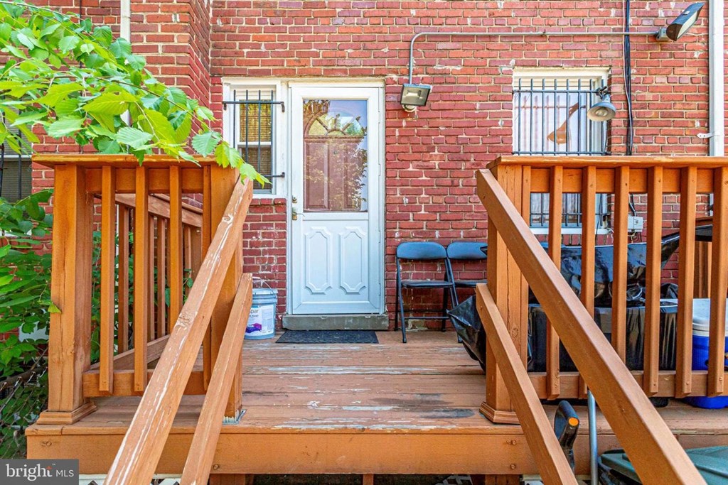 A wooden deck with a white door and a plant on the left.