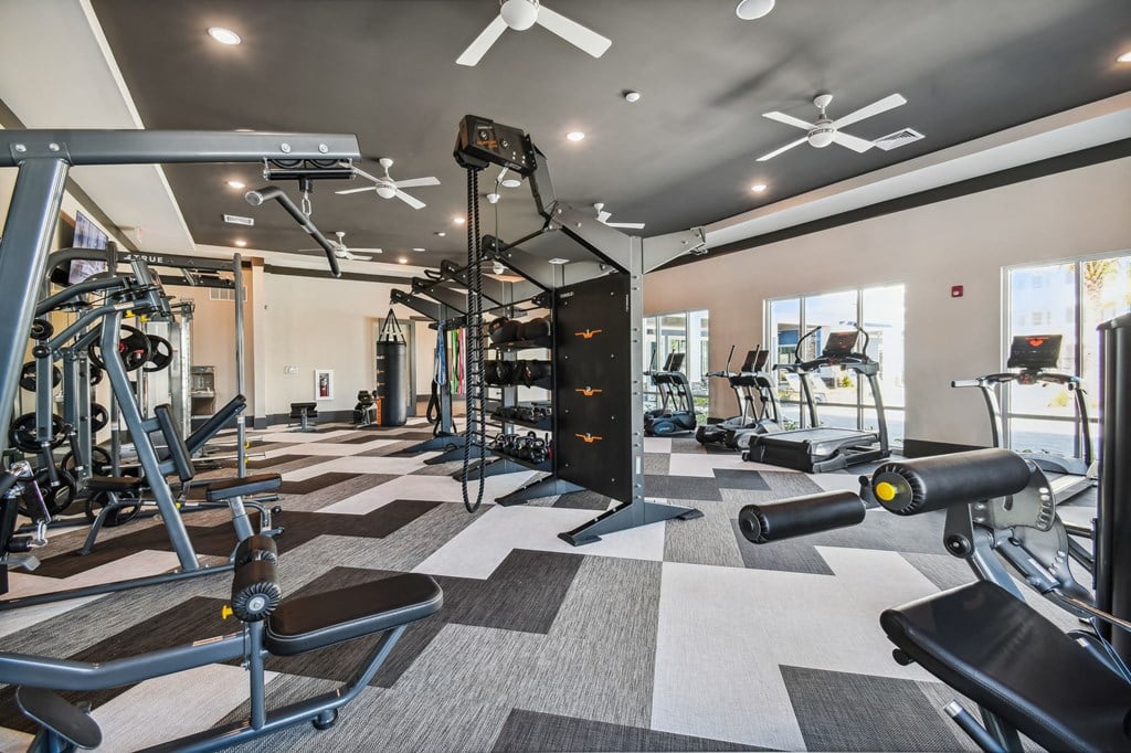 a gym with weights and cardio equipment on a checkered floor