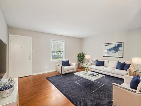 A living room with a white couch, a glass coffee table, and a rug.