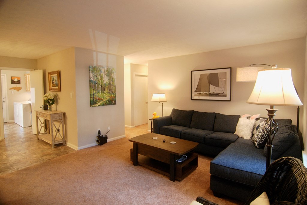 A living room with a black couch and a coffee table.