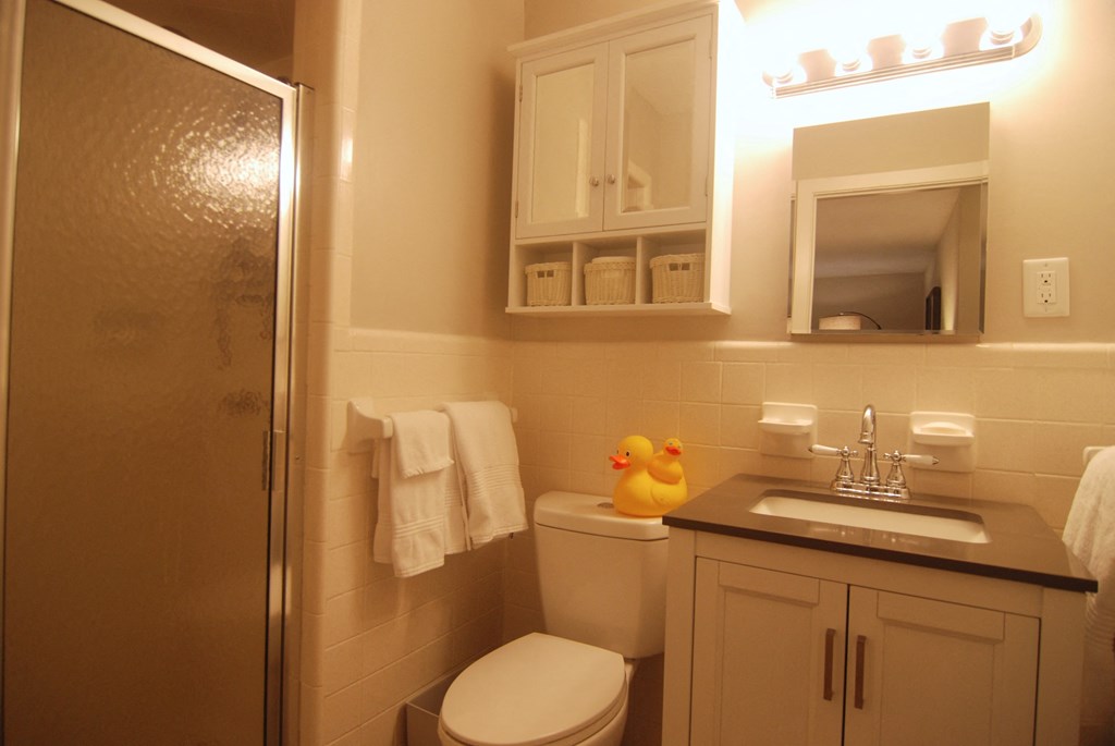 A bathroom with a toilet, sink, and mirror.