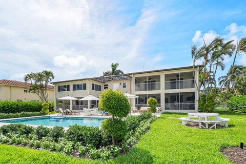 a backyard with a pool and a house with palm trees